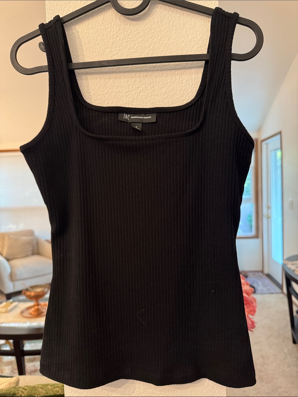 INC International Concepts Black Ribbed Square Neck Tank
